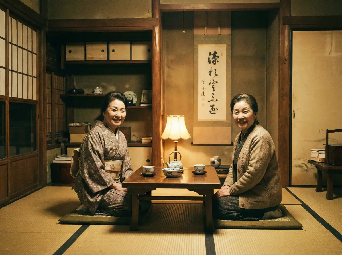 两位优雅的 糖心破解版 在日式茶室中品茶交谈